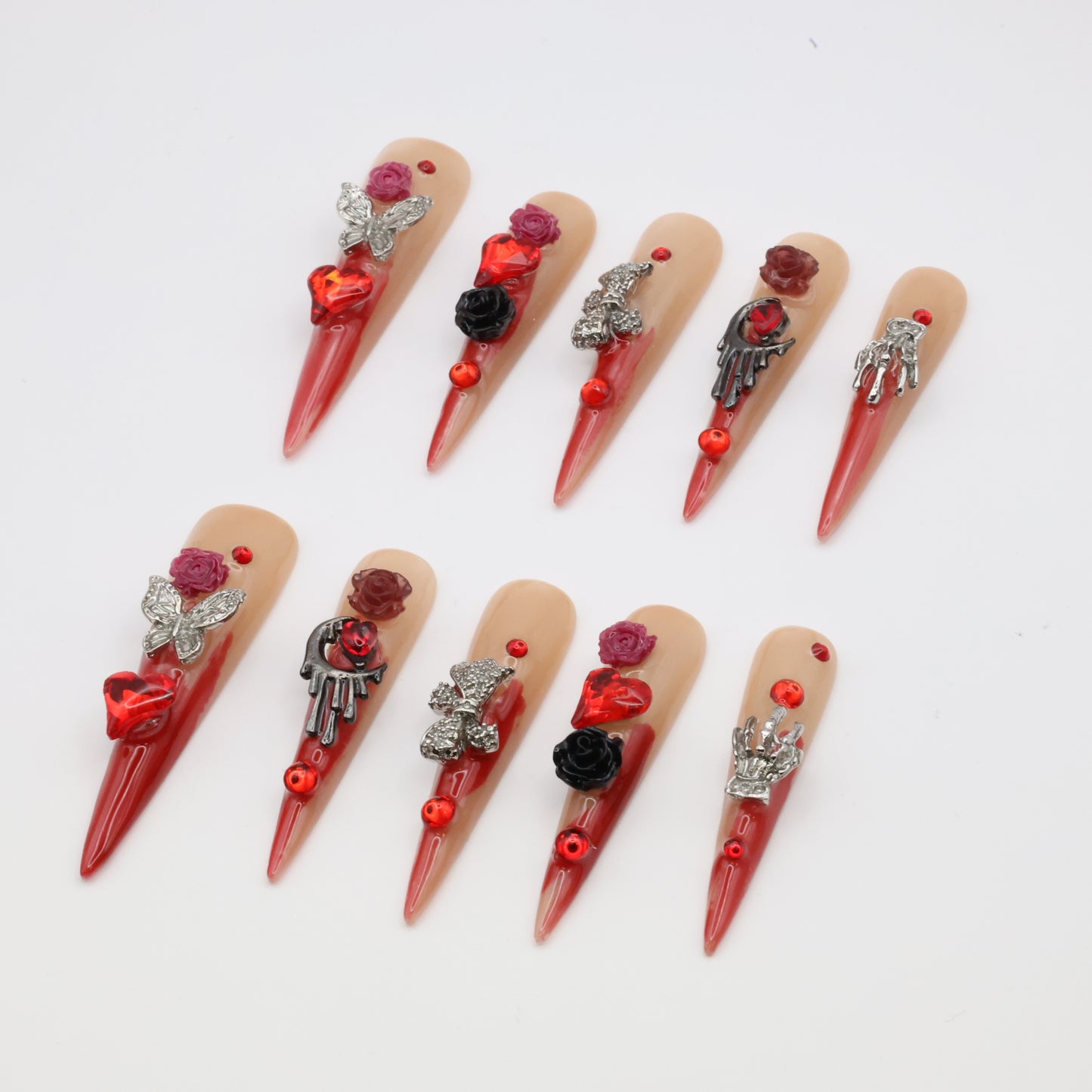 Gothic Rose XL Press-On Nails – Handcrafted, Reusable, Long-Lasting, Salon Quality Design + Free Application Toolkit