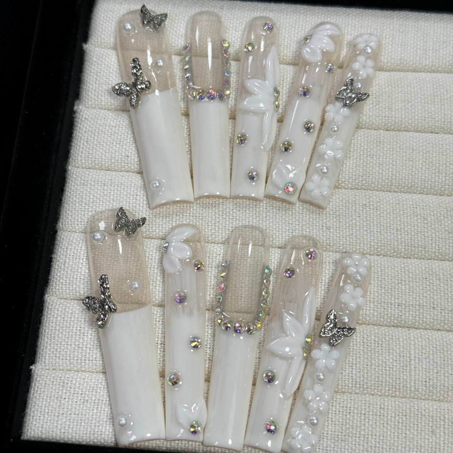 Butterfly Pearl XL Press-On Nails – Handcrafted, Reusable, Long-Lasting, Salon Quality Design + Free Application Toolkit