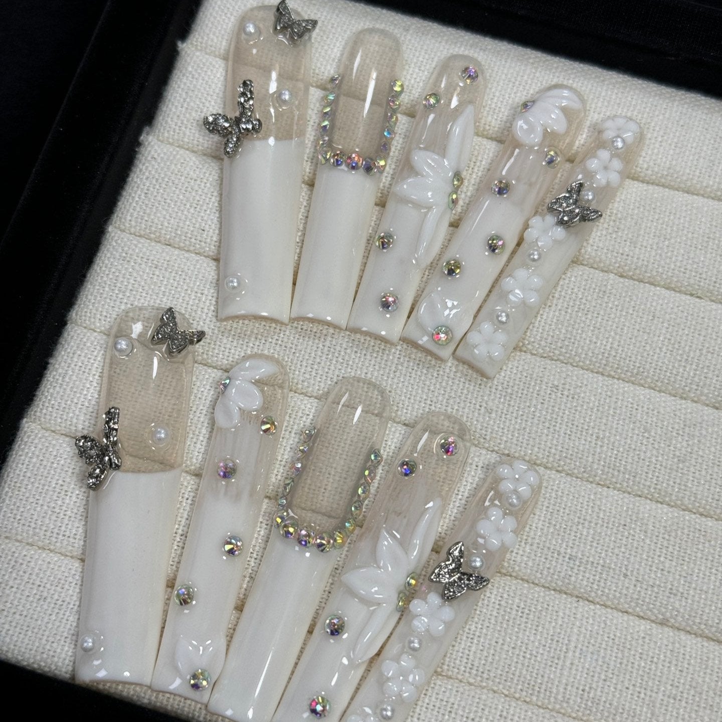 Butterfly Pearl XL Press-On Nails – Handcrafted, Reusable, Long-Lasting, Salon Quality Design + Free Application Toolkit