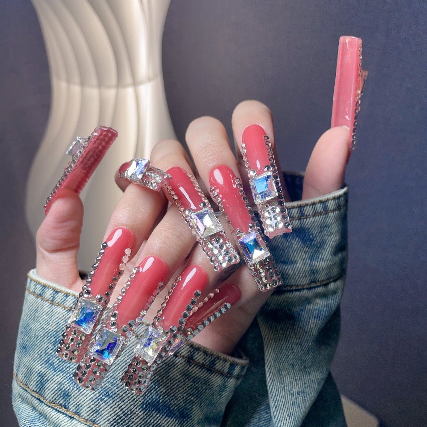 Ruby Gem XL Press-On Nails – Handcrafted, Reusable, Long-Lasting, Salon Quality Design + Free Application Toolkit