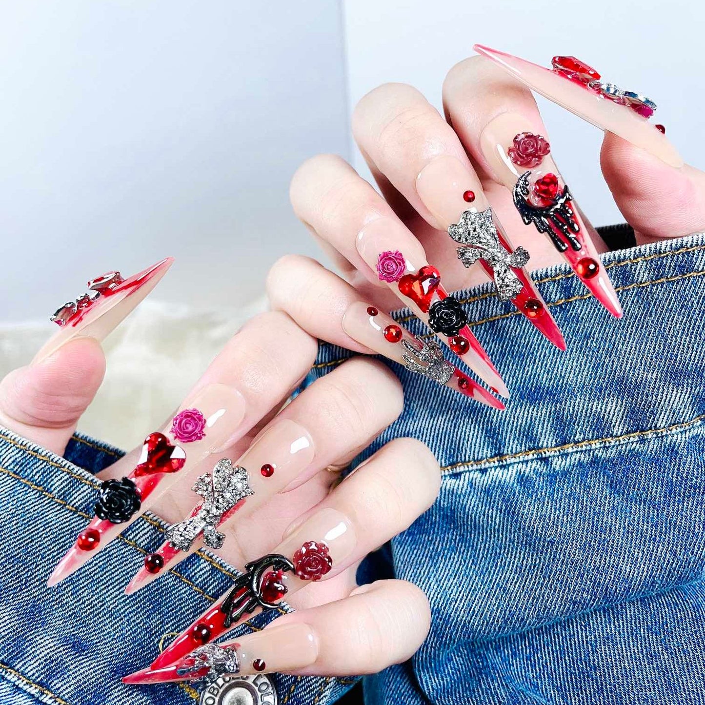 Gothic Rose XL Press-On Nails – Handcrafted, Reusable, Long-Lasting, Salon Quality Design + Free Application Toolkit