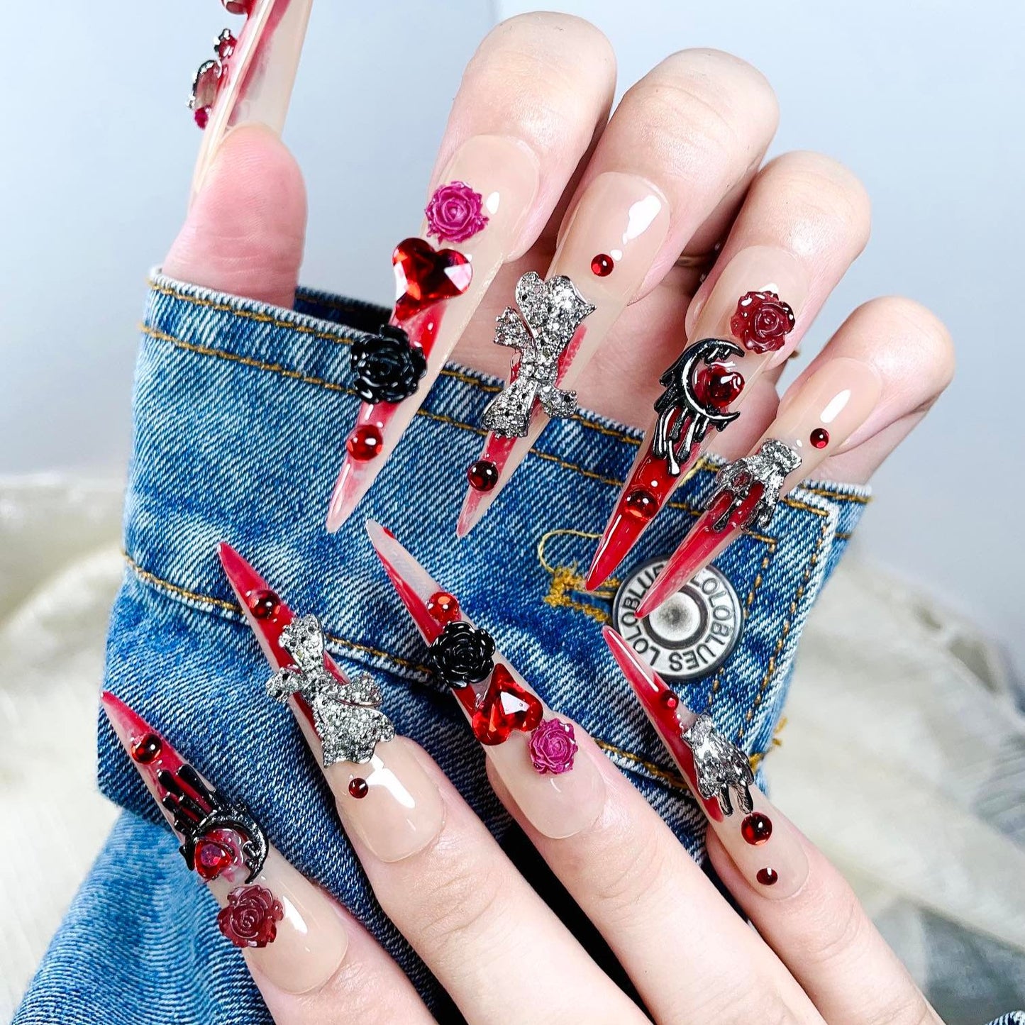 Gothic Rose XL Press-On Nails – Handcrafted, Reusable, Long-Lasting, Salon Quality Design + Free Application Toolkit