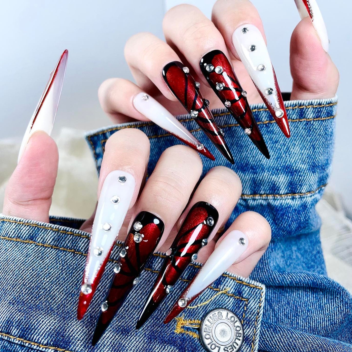 Vampire Veil XL Press-On Nails – Handcrafted, Reusable, Long-Lasting, Salon Quality Design + Free Application Toolkit