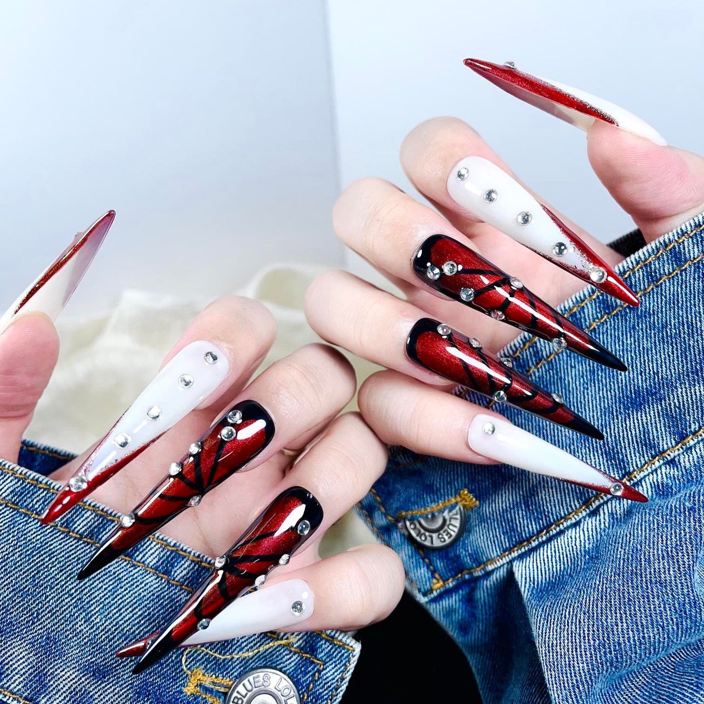 Vampire Veil XL Press-On Nails – Handcrafted, Reusable, Long-Lasting, Salon Quality Design + Free Application Toolkit