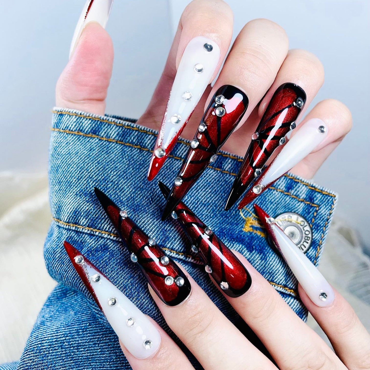 Vampire Veil XL Press-On Nails – Handcrafted, Reusable, Long-Lasting, Salon Quality Design + Free Application Toolkit