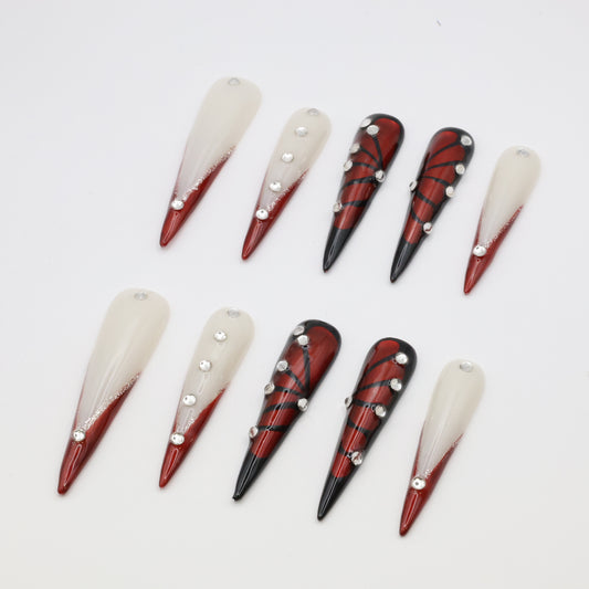 Vampire Veil XL Press-On Nails – Handcrafted, Reusable, Long-Lasting, Salon Quality Design + Free Application Toolkit