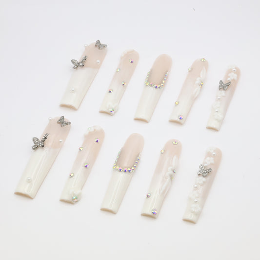 Butterfly Pearl XL Press-On Nails – Handcrafted, Reusable, Long-Lasting, Salon Quality Design + Free Application Toolkit