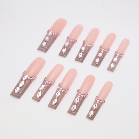 Pink Diamond XL Press-On Nails – Handcrafted, Reusable, Long-Lasting, Salon Quality Design + Free Application Toolkit